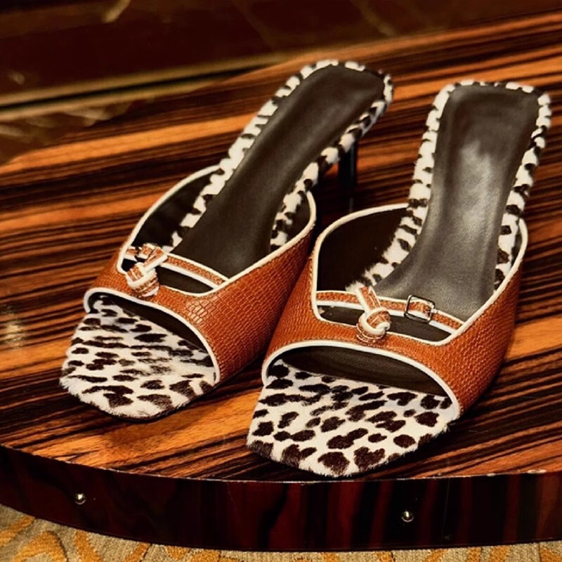 In Stock~ Genuine Leather Kitten Heel Leopard Print Slip-On Sandals for Women, Square Toe Open-Toe High Heels (Tax Not Included)