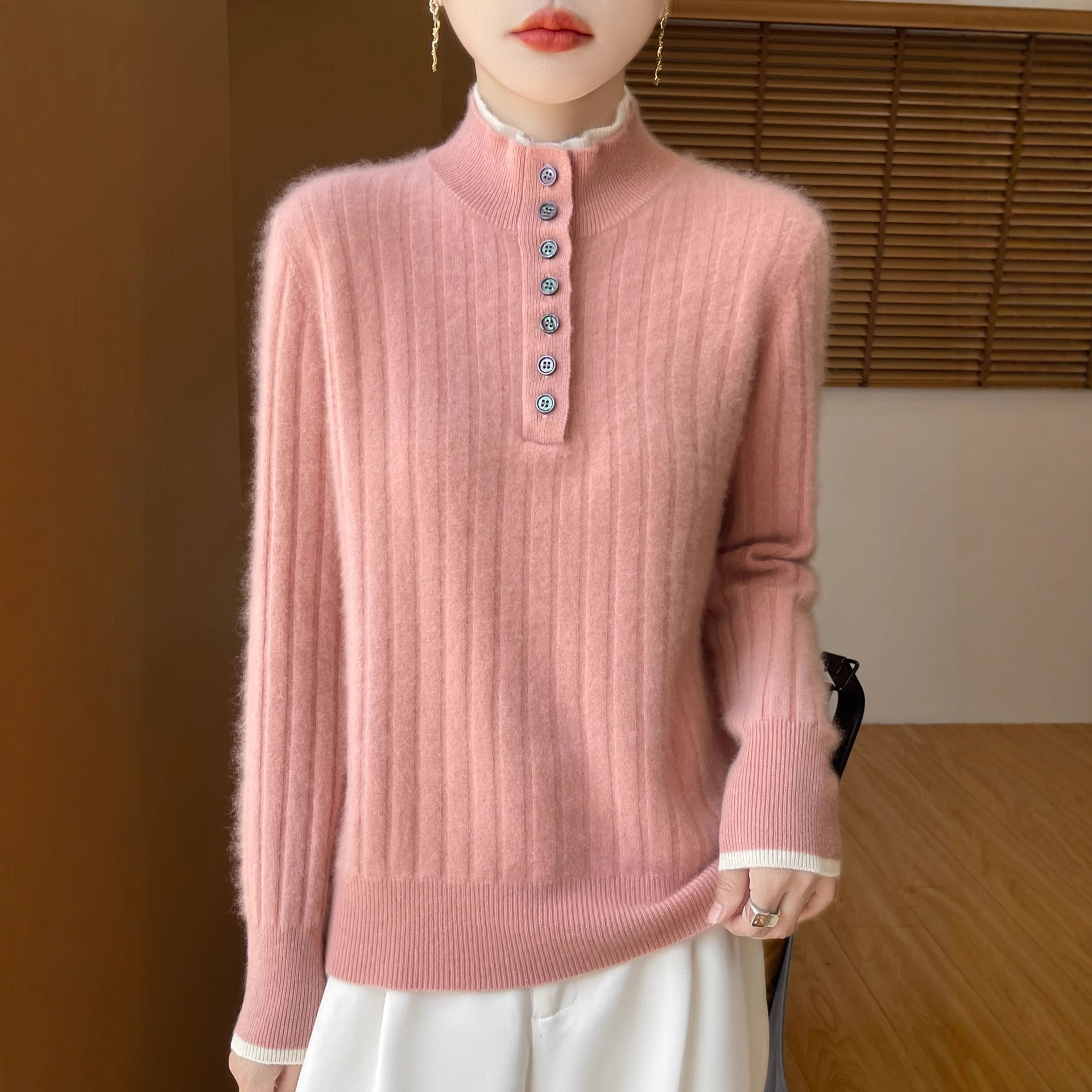 100%羊毛双层半开领毛衣 7扣坑条针织衫女 秋冬简约气质内搭外套