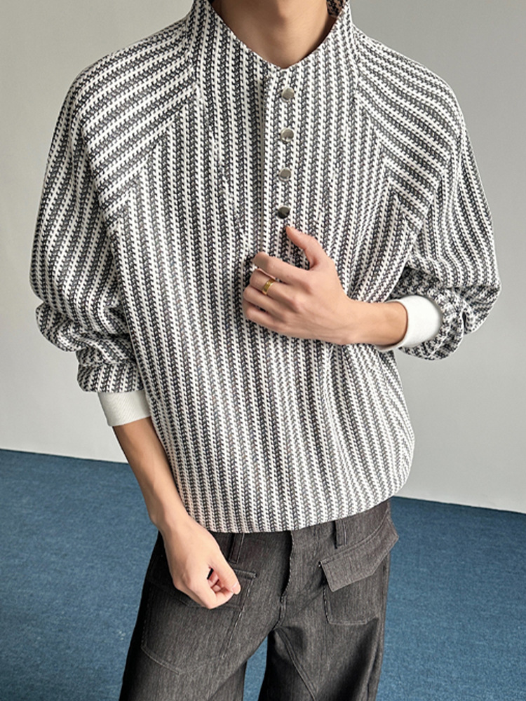 Unisex Fishbone Striped Henley Sweatshirt Autumn Designer Style_voghion.com