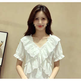 v领雪纺衫女2026夏季新款短袖荷叶边娃娃领时尚宽松显瘦洋气上衣