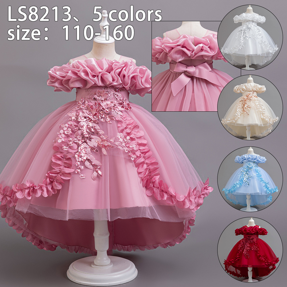 女童一字肩蓬蓬纱短款拖尾礼服裙花童宴会派对钢琴演出高端公主裙