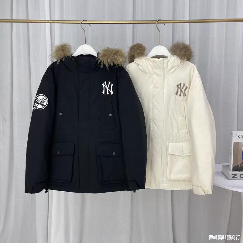 Trendy Brand MLB Hooded Wool Neck Round Seal Warm Down Jacket NY Fashion Couple Mid-Long Winter Jacket New