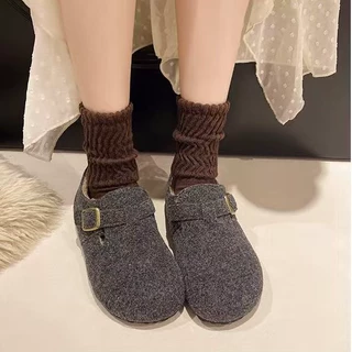 灰色勃肯鞋女外穿冬季2025新款加绒加厚保暖雪地靴乐福鞋毛毛棉鞋