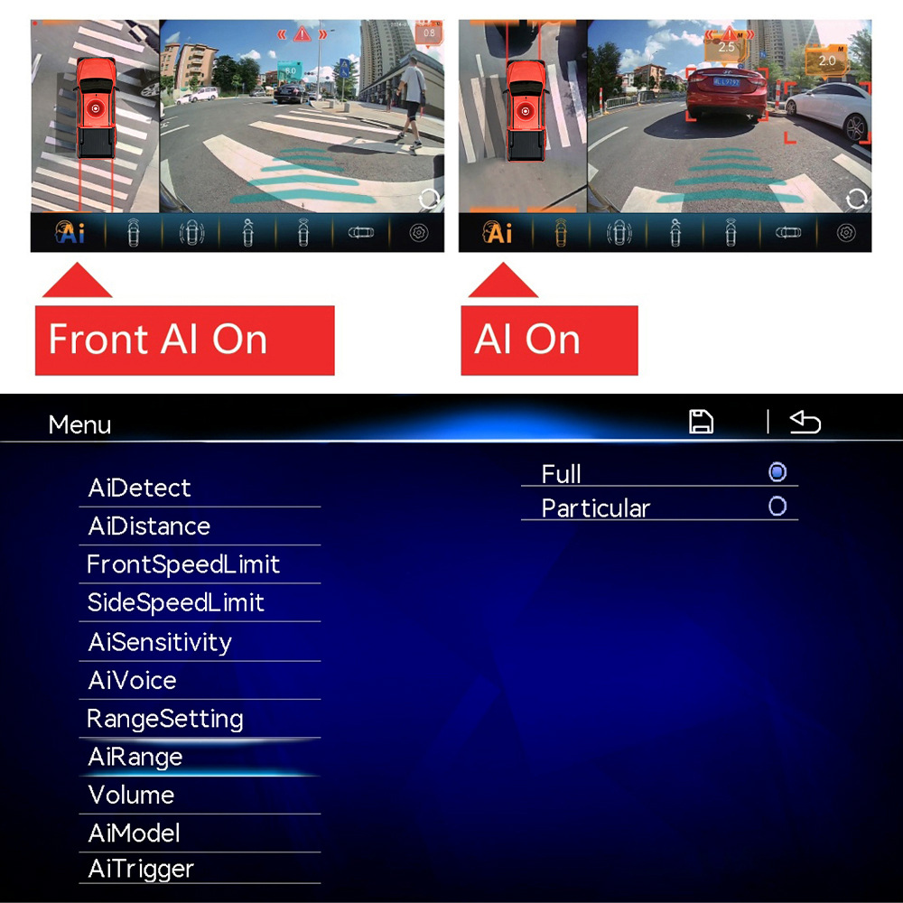 Universal car dash cam with 360-degree panoramic view, sentinel mode, BSD blind spot monitoring, AI recognition, and GPS
