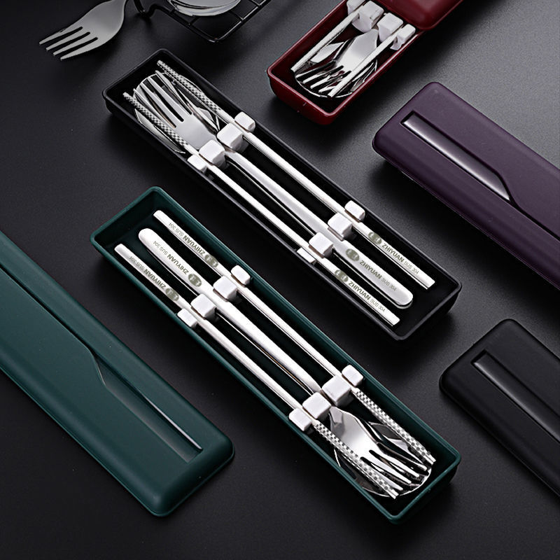 단일 팩 304 스테인레스 스틸 휴대용 식기 세트 젓가락 3 종 세트 포크 스푼 젓가락 상자 학생 수납