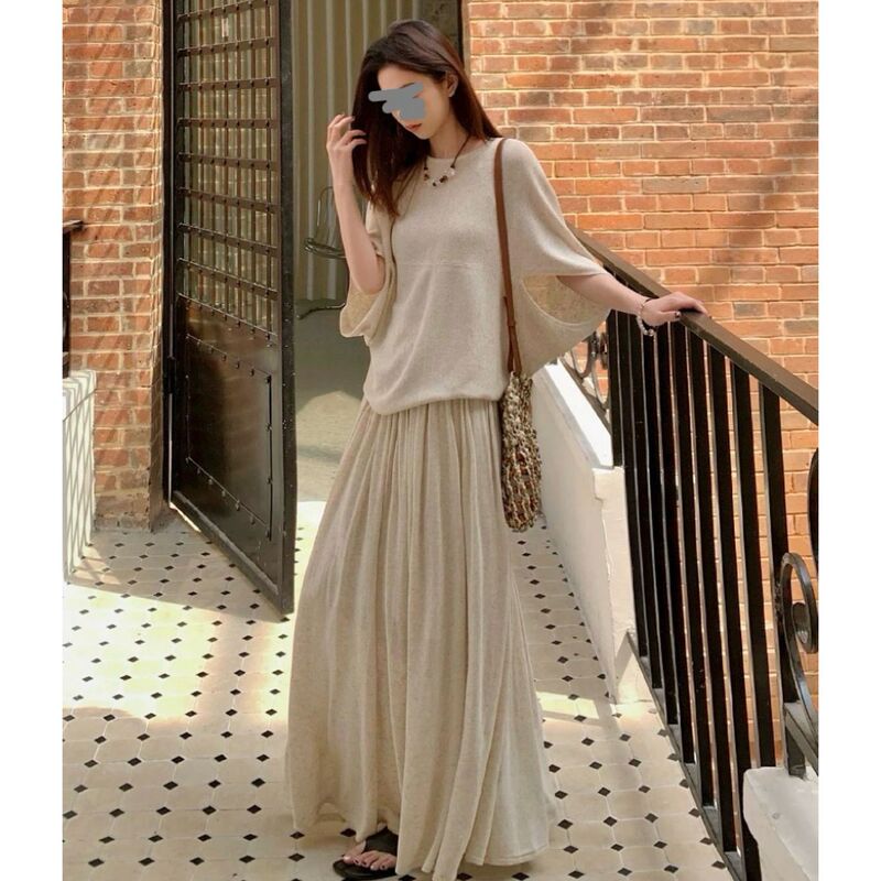 Homemade High-End Linen Bat-Sleeve Skirt Knitted A-Line Pleated Skirt for Women Retro Lazy 25 Autumn