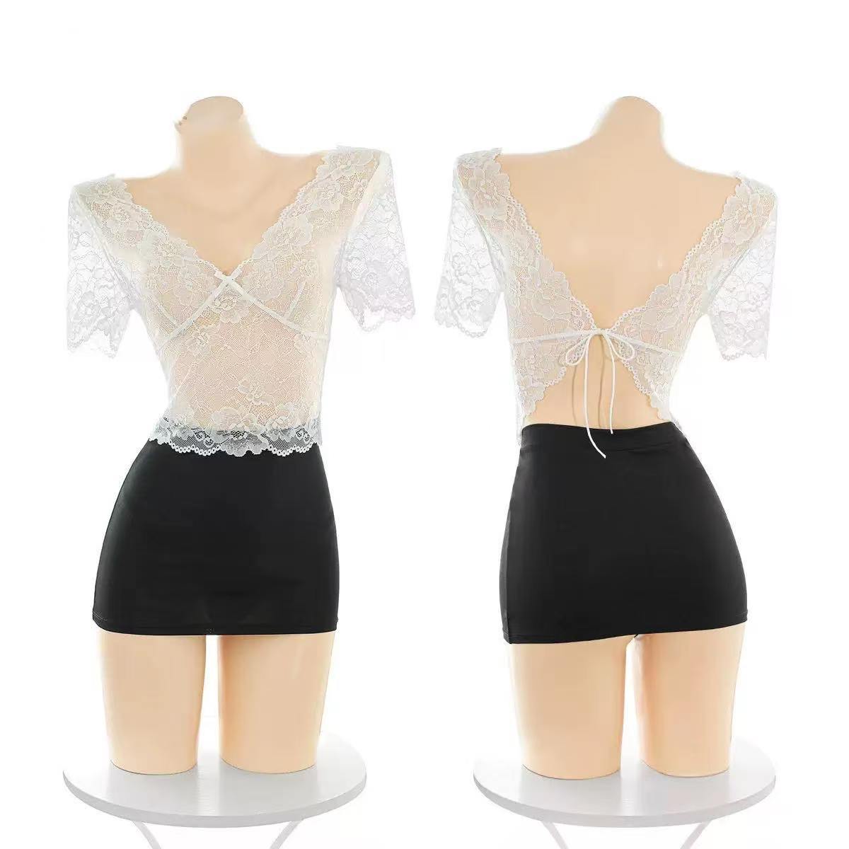 Deep V Lace Secretary Lingerie Set with Sheer Top, Mini Skirt and Thong — detail image 6