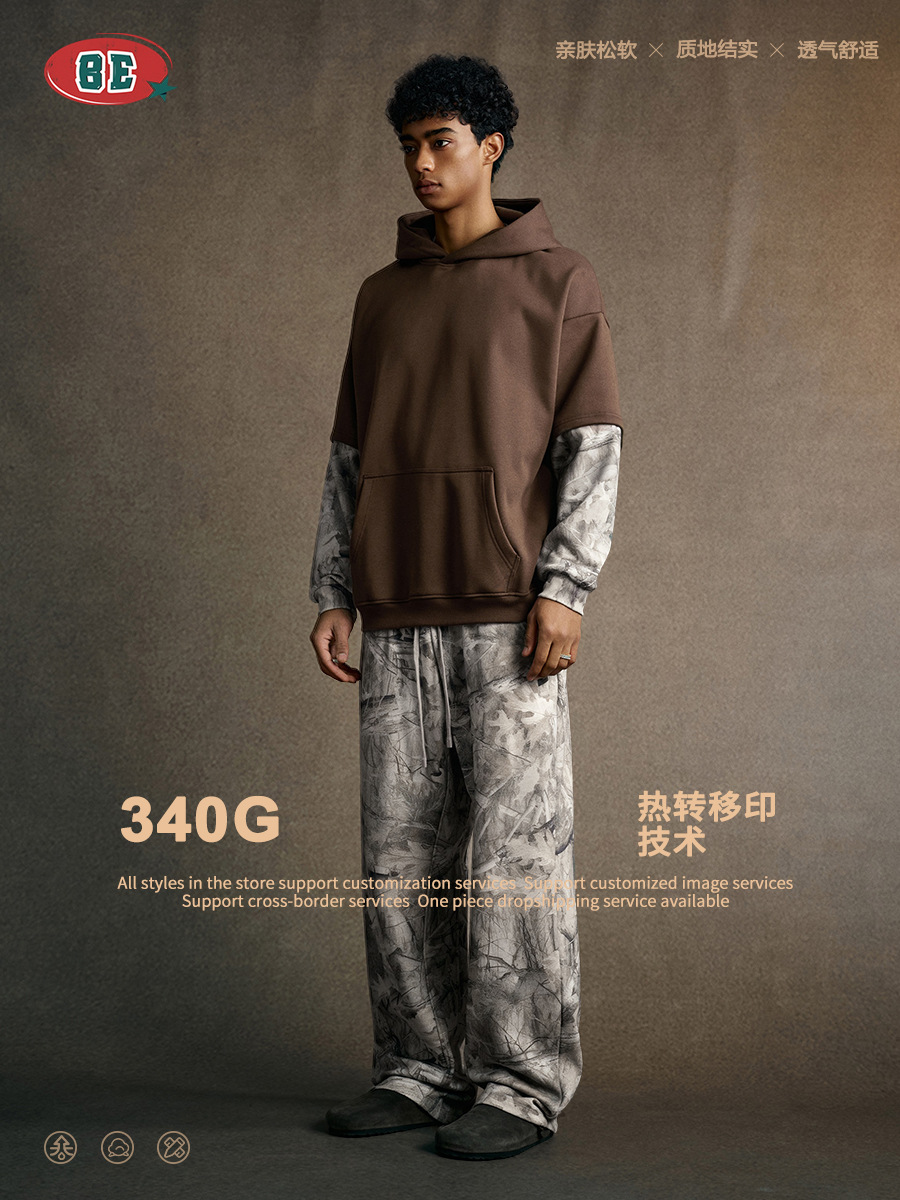 Be Hombres| 2025 otoño estilo americano de moda falso de dos piezas camuflaje suit camiseta casual pantalones largos de dos piezas hombre