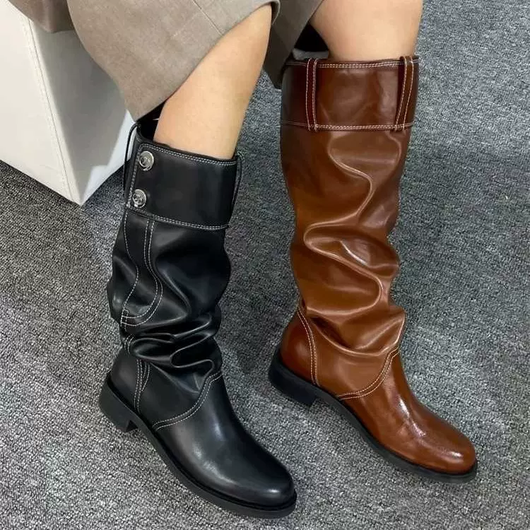 2025新款欧美圆头低跟长靴骑士靴时尚潮流女靴设计感