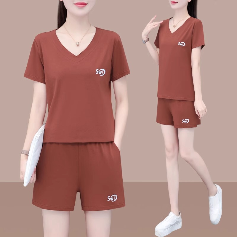 Pure Cotton Short-Sleeved Shorts Suit for Women, Summer Wear, 2026 New Style, Middle-Aged Mom Summer V-Neck Sportswear Two-Piece Set Pure Cotton Short-Sleeved Shorts Suit for Women, Summer Wear, 2026 New Style, Middle-Aged Mom Summer V-Neck Sportswear Two-Piece Set