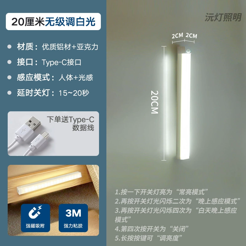Ultra-thin Smart LED Motion Sensor Light, Type-C Rechargeable, Magnetic Self-adhesive