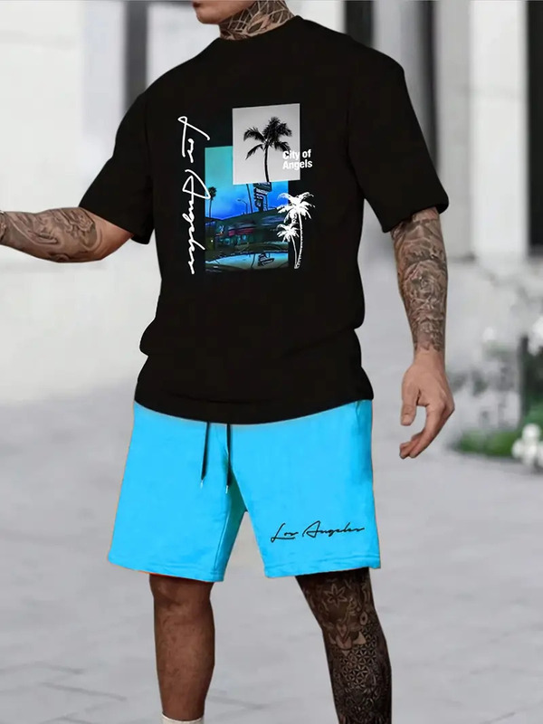 クロスボーダーホットスタイルヨーロッパとアメリカのファッションTシャツレタープリント夏のストリートルーズカジュアルショーツヒップホップスポーツスーツ|undefined