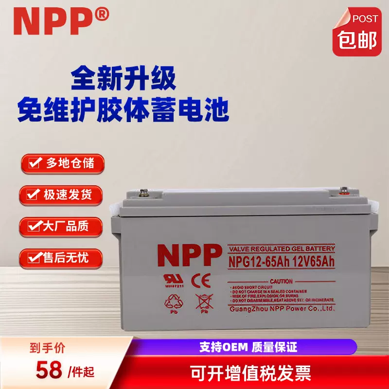 耐普NPP蓄电池NPG12V17/24/38/65/100AH阀控式胶体免维护风力光伏