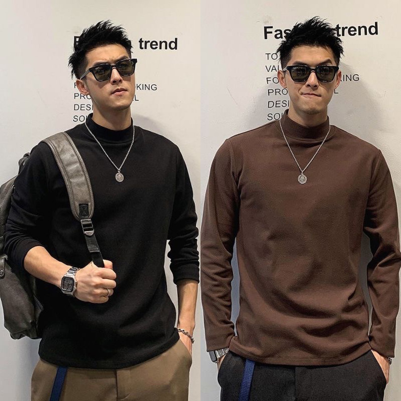 미드 하이 칼라 남성용 양털 단색 긴 소매 가을과 겨울 하프 하이 칼라 베이스 셔츠 탑 스웨이드 내부 따뜻한 티셔츠