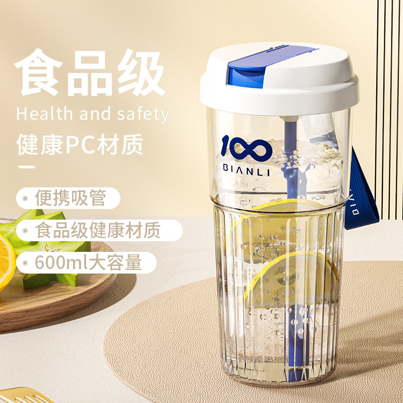 Large Capacity Transparent Straw Water Cup, Summer High-Endurance Student Sports with Cord Handle, Heat-Resistant Portable Plastic Cup