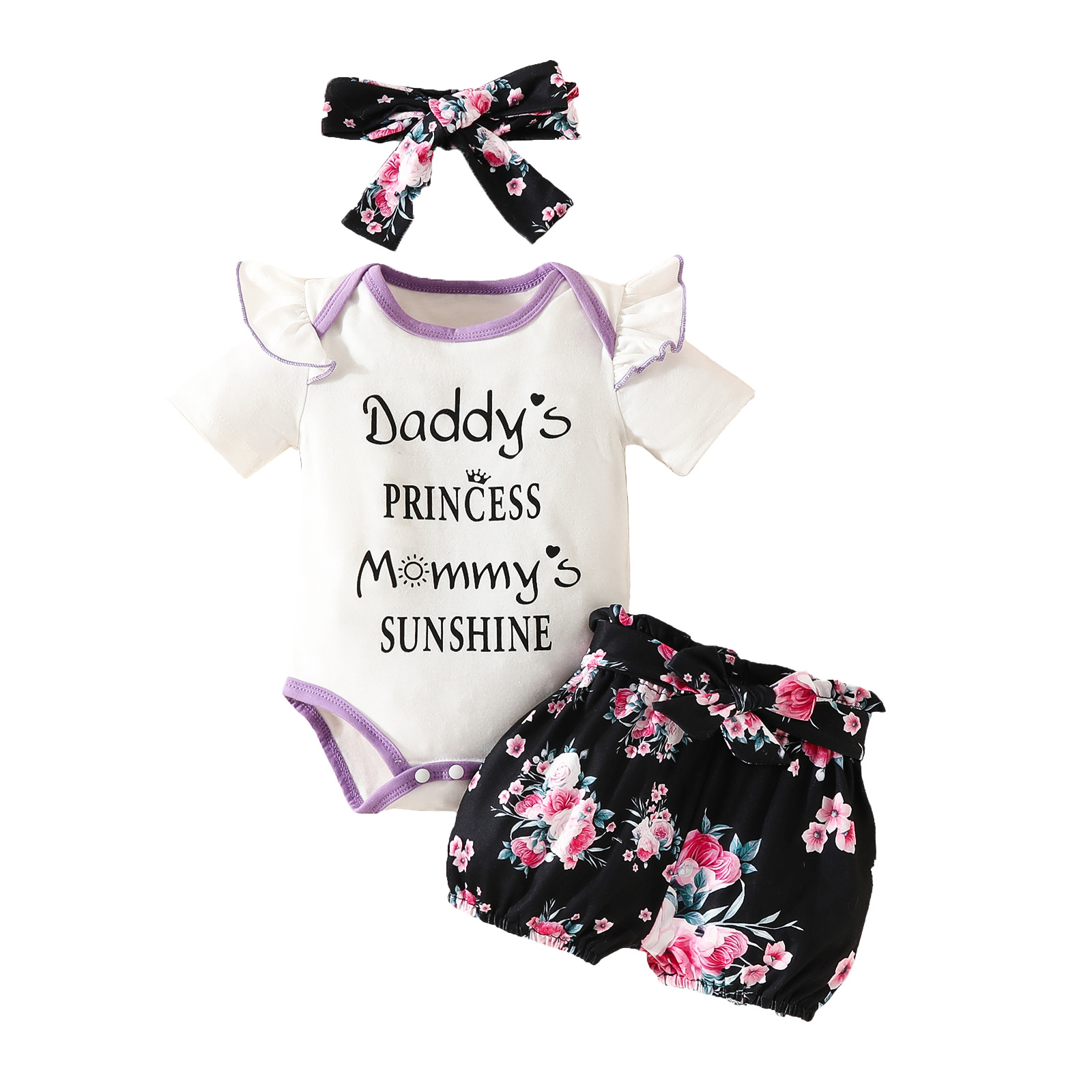 Pantaloncini a triangolo con scollo a cuore a maniche corte Set Pantaloni carini con fiori per bambina con lettera estiva per bambina_voghion.com