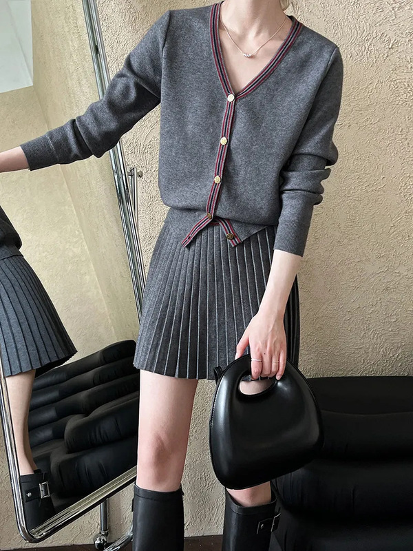 韩版学院风V领针织开衫外套+灰色百褶半身裙JK制服套装女两件套|undefined