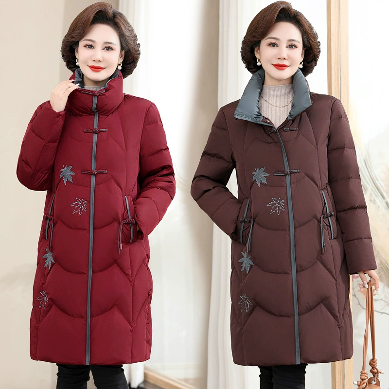 Средние и пожилые женщины мамы одеваются 2024 зимний новый стиль вышитый национальный ветер 90 пуховик теплая утолщая хлопчатобумажная куртка