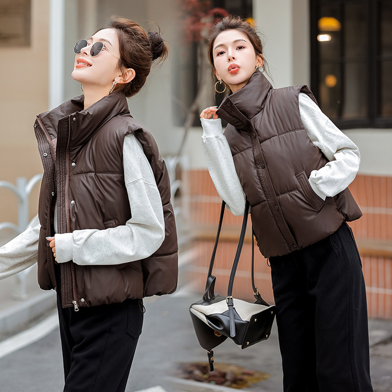Chaleco de algodón de pluma para mujeres 2024 otoño y invierno nuevo estilo coreano de algodón suelto hombro collar de collar de algodón de color sólido chaleco