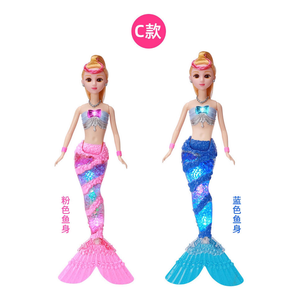 Fábrica al por mayor nuevos niños sirena juguete música ligera sirena princesa Barbie muñeca traje caja de regalo