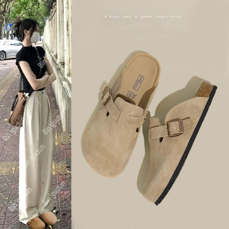 Birkenstock Slippers for Women Summer Outer Wear 2024 Summer New Style Genuine Leather Retro Soft Wood Grain Slip-On Birkenstock Flats Sandals