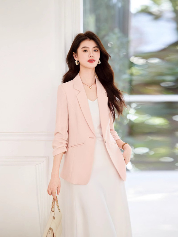 Summer Pink Thin Three-Quarter Sleeve Suit Jacket for Women 2025 New Korean Style Casual Short Suit for Small People