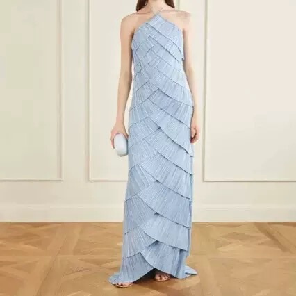 Cross-Border French-Style Pleated Halter Neck Tie Backless Slim Fit Layered Ruffle Long Beach Vacation Dress for Women Summer Cross-Border French-Style Pleated Halter Neck Tie Backless Slim Fit Layered Ruffle Long Beach Vacation Dress for Women Summer