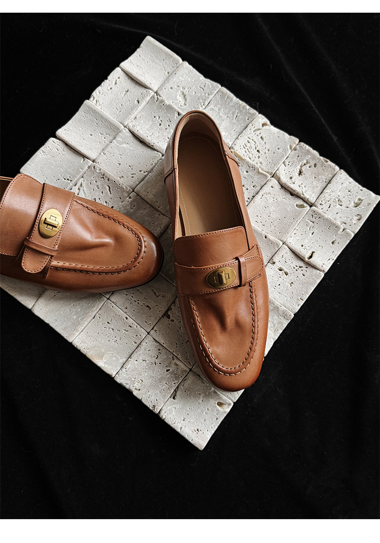 Giày loafer nữ da bò mũi sâu gót vuông thấp phong cách Anh Quốc — màu nâu chi tiết 21