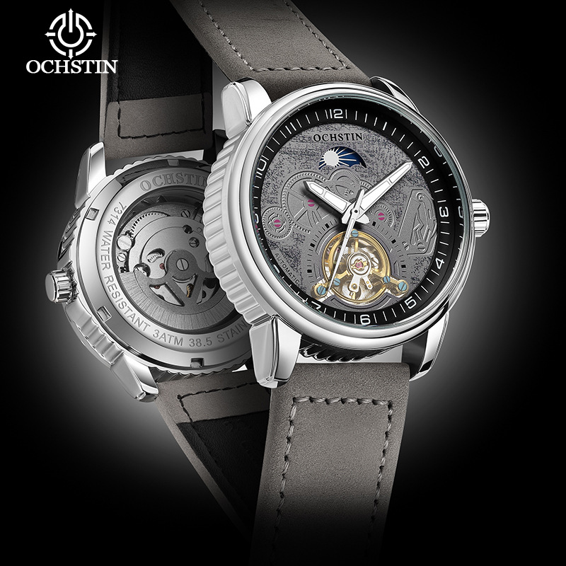 Brand New Men's Fully Automatic Hollow Flywheel Mechanical Watch Moon Phase Large Dial Luminous Waterproof Mechanical Men's Watch