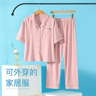 100%纯棉睡衣2026女士夏季薄款短袖长裤纯色气质可外穿套装