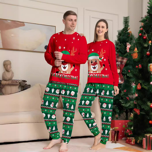 Independent station cartoon letter deer snowman Christmas print Christmas parent-child suit set three people sleepwear