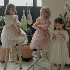 Strawberry Fairy Spring 2024 Girls' and Children's Solid Color Lace Dream Princess Style Long-Sleeve Dress