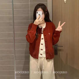 小蝴蝶结红色假两件毛衣女秋冬季美式复古修身学院风高级感上衣潮