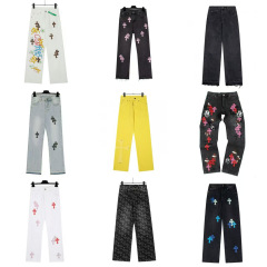 24 新しいクロスレザーラベルウォッシュジーンズローカップルストリートルーズ春と秋のストレートパンツ男性と女性用在庫あり