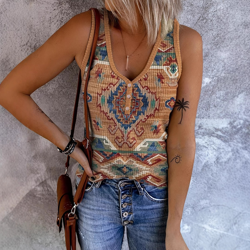 Cross-Border Hot-Selling Independent Site Shein Women's Western Ethnic Style Printed V-Neck Vest with Buttons, Sleeveless, Retro Style Cross-Border Hot-Selling Independent Site Shein Women's Western Ethnic Style Printed V-Neck Vest with Buttons, Sleeveless, Retro Style