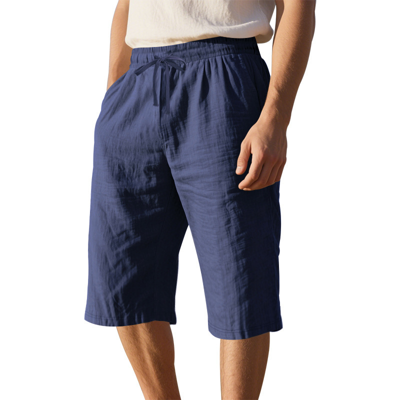Cross-Border European and American Linen Men's Casual Pants Summer Thin Amazon Loose Sports Straight Beach 7-Point Shorts for Men