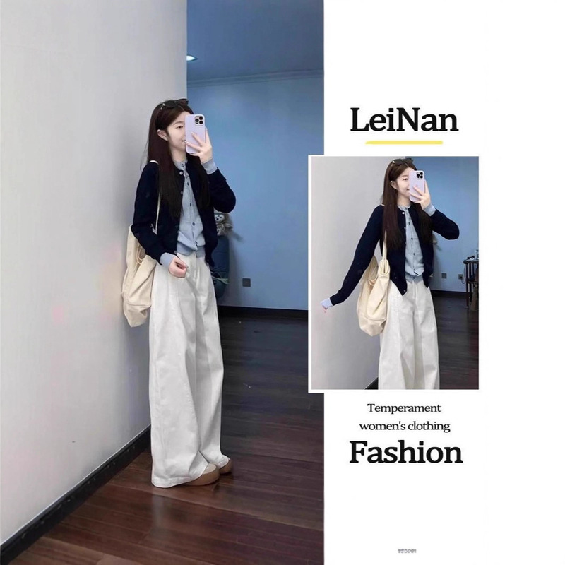 [Breeze Afternoon] Autumn Fashion Fake Two-Piece Knitted Cardigan, Sweet White Straight Jeans Two-Piece