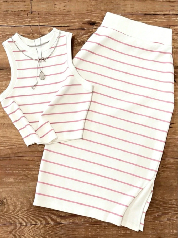 Blusa corta sin mangas de punto roscado para mujeres transfronterizas con traje de falda corta casual y elegante juego de dos piezas