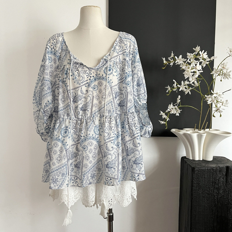 Qianyu 2025 New Summer Style Cool and Artistic Blue Island Style Printed Loose Long-Sleeved Shirt Qianyu 2025 New Summer Style Cool and Artistic Blue Island Style Printed Loose Long-Sleeved Shirt