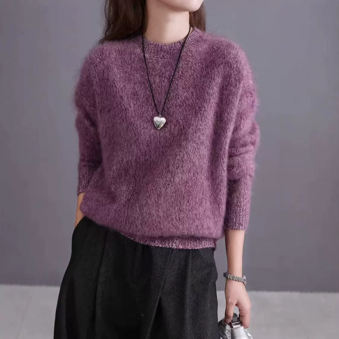 2025秋冬三股加厚羊毛衫女圆领针织羊绒拉绒毛衣宽松外穿上衣拉毛
