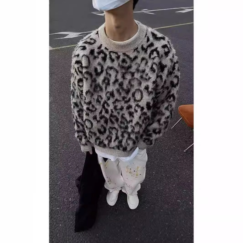 Cross-border American Retro Lazy Style Distinctive Street Top Leopard Print Loose Round Neck Long Sleeve Pullover Knitted Sweater Trendy Cross-border American Retro Lazy Style Distinctive Street Top Leopard Print Loose Round Neck Long Sleeve Pullover Knitted Sweater Trendy