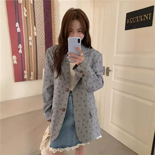 实拍韩系复古百搭印花廓形宽松长袖西装外套休闲上衣女 现货69142