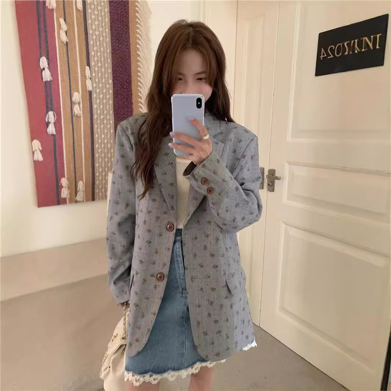 Reality Shot Korean Style Retro Versatile Printed Profile Loose Long-sleeved Suit Jacket Casual Top Women's in stock 69142