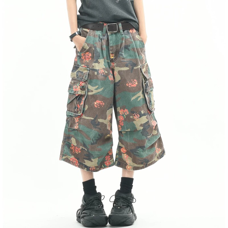 Daisy Print Camouflage Cropped Pants Trendy American Street Style Loose Summer Relaxed Fit Curved Hem Denim Shorts