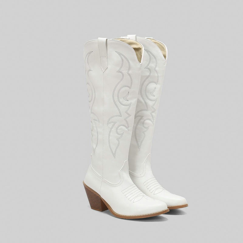 Stivali da cowboy da donna Stivali da cowboy alti e appuntiti da ragazza ricamati, stivali rusticali vintage con tacco spesso e cerniera laterale_voghion.com