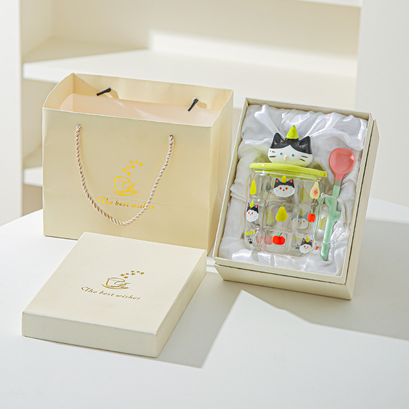 Gato estereoscópico pintado a mano alta resistencia al calor de vidrio de silicio de alta calidad de oficina con cubierta de cuchara de agua taza de dibujos animados taza de marca