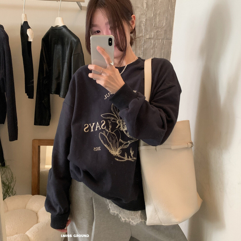 i miss设计感印花蕾丝拼接假两件圆领卫衣女2025秋季美式复古上衣|undefined