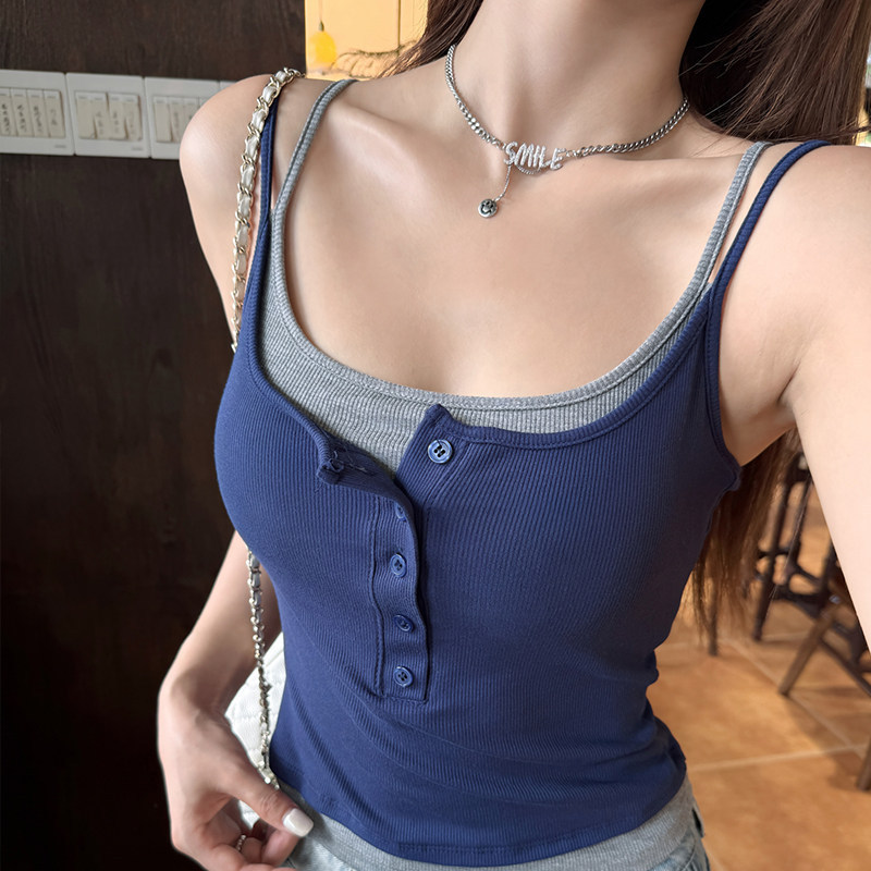 Blue faux two-piece camisole with chest pads for women, new spring/summer outerwear, sleeveless top for layering Blue faux two-piece camisole with chest pads for women, new spring/summer outerwear, sleeveless top for layering