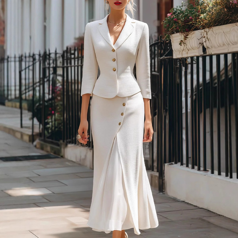 2025 European and American Women's Autumn and Winter Pure Color Single-Breasted Three-Quarter Sleeve Small Suit Long Skirt Button Slit Skirt Suit