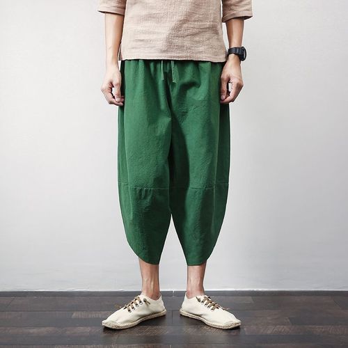 Linen Beach Pants for Men - Loose Wide Leg Thai Style Seven-Eighth Length Casual Chinese Style Cotton Linen Hem Leg Pants Trendy